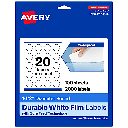 Avery® Waterproof Permanent Labels With Sure Feed®, 94506-WMF100, Round, 1-1/2" Diameter, White, Pack Of 2,000