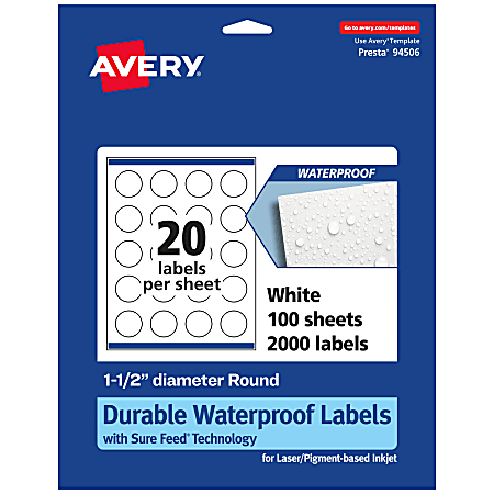 Avery® Waterproof Permanent Labels With Sure Feed®, 94506-WMF100, Round, 1-1/2" Diameter, White, Pack Of 2,000