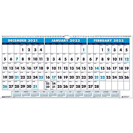 House of Doolittle 3-month Horizontal Wall Calendar - Julian Dates - Monthly, Daily - 1.2 Year - December 2021 till January 2023 - 12" x 23 1/2" Sheet Size - 1.63" x 1.38" Block - Wire Bound - Assorted