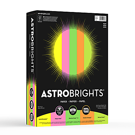 Astrobrights® Color Multi-Use Printer & Copy Paper, 1 Ream, Neon Assortment, Letter (8.5" x 11"), 500 Sheets Per Ream, 24 Lb, 94 Brightness