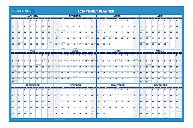AT-A-GLANCE® Erasable Yearly Wall Calendar With Notes Section, 36" x 24", January To December 2020, PM20028