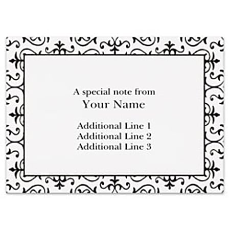Custom Printed Stationery Note Cards, Black Ornate Frame, Folded, 4 7/8" x 3 1/2", White Matte, Box Of 25