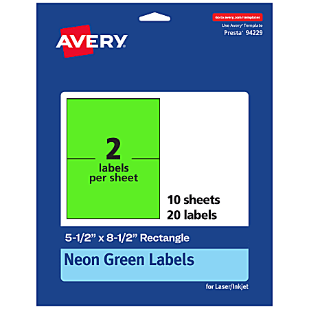 Avery® Printable Labels, 94229-NGP10, Rectangle, 5-1/2" x 8-1/2", Matte Neon Green, Pack of 20