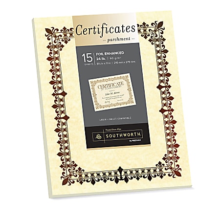 Southworth® Foil-Enhanced Parchment Certificates, 8 1/2" x 11", 24 Lb, Bronze/Ivory, Pack Of 15