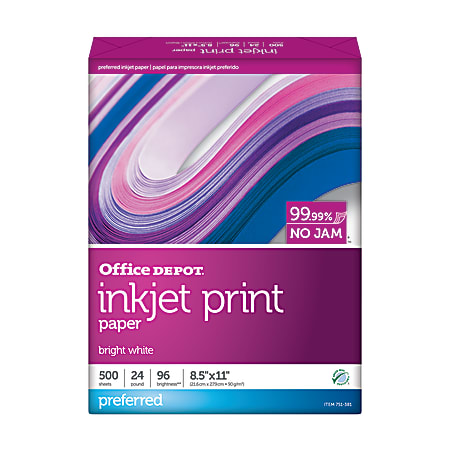 Office Depot® Inkjet Paper, White, Letter Size (8 1/2" x 11"), Ream Of 500 Sheets, FSC® Certified, 30% Recycled, 24 Lb, 96 Brightness