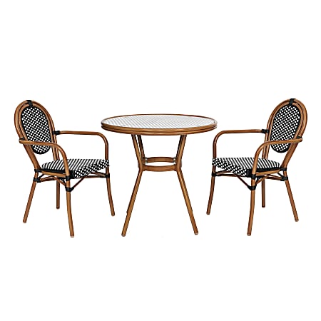 Flash Furniture Lourdes Indoor/Outdoor Commercial Bistro 31.5" Table, 2 Stack Chairs, Black & White Rattan/Natural Frame, SDA64280202ABWN