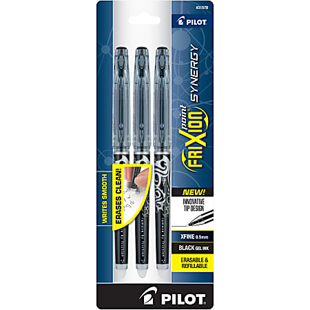 Pilot® FriXion® Ball Erasable Gel Pens, Pack of 3, Extra-Fine Point, 0.5 mm, Black Barrels, Black Ink