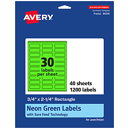 Avery® Print-To-The-Edge Labels With Sure Feed® Technology And Easy Peel®, 94216-NGP40, Rectangle, 3/4" x 2-1/4", Matte Neon Green, Pack of 1200