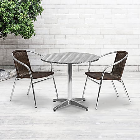 Flash Furniture Lila Round Aluminum Indoor-Outdoor Table With 2 Chairs, 27-1/2"H x 31-1/2"W x 31-1/2"D, Dark Brown, Set of 3