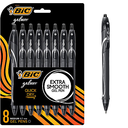 BIC Gelocity Quick-Dry Retractable Gel Pens, Medium Point, 0.7 mm, Clear Black Barrel, Black Ink, Pack Of 8 Pens