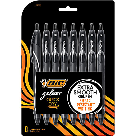 BIC Gelocity Quick Dry Retractable Gel Pens Medium Point 0.7 mm Clear Black  Barrel Black Ink Pack Of 8 Pens - Office Depot