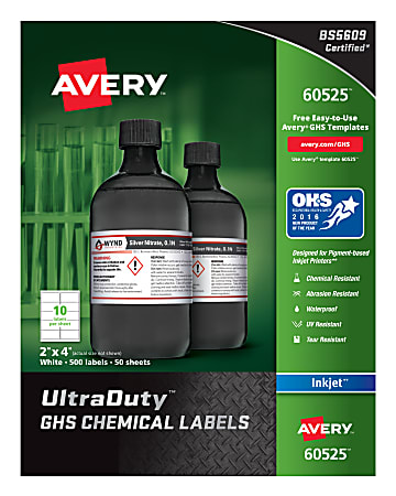 Avery® UltraDuty GHS Chemical Labels For Pigment-Based Inkjet Printers, 60525, 2" x 4", White, Pack Of 500