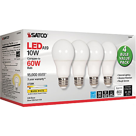 Satco 10W A19 LED 2700K Frosted Bulbs - 10 W - 60 W Incandescent Equivalent Wattage - 120 V AC - 800 lm - A19 Size - Warm White Light Color - E26 Base - 15000 Hour - 4400.3°F (2426.8°C) Color Temperature - 93 CRI - 220° Beam Angle - 4 / Pack