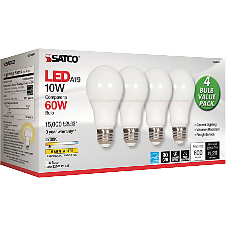 Satco 10W A19 LED 2700K Frosted Bulbs - 10 W - 60 W Incandescent Equivalent  Wattage - 120 V AC - 800 lm - A19 Size - Warm White Light Color - E26 Base