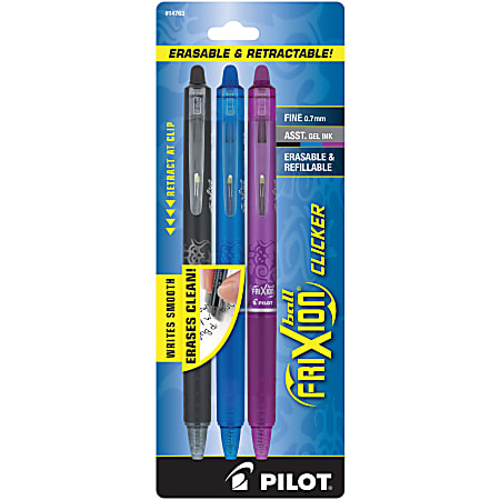 Pilot® FriXion® Ball Clicker Erasable Retractable Gel Pens, Pack of 3, Fine Point, 0.7mm, Assorted Barrels, Assorted Ink