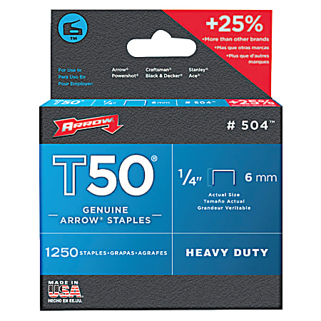 Arrow 50424 T50 Staples, #504, 1/4"L x 3/8"W, Silver, Box Of 1,250 Staples