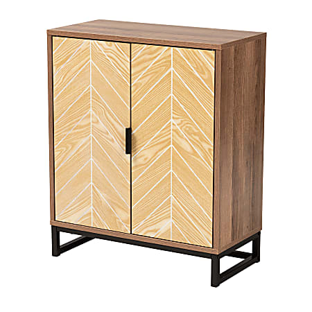 Baxton Studio Josephine 24"W Mid-Century Modern Transitional 2-Tone Metal 2-Door Storage Cabinet, Walnut/Natural Brown/Black