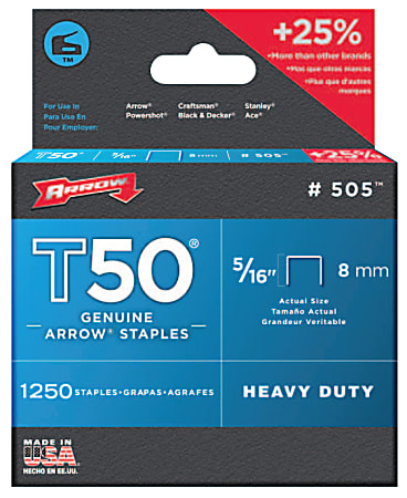 Arrow 50524 T50 Staples, 5/16"L x 3/8"W, Silver, Box Of 1,250 Staples