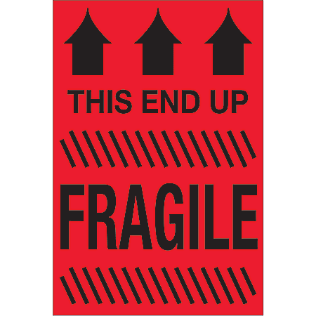 Tape Logic® Preprinted Special Handling Labels, DL1325, This End Up Fragile, Rectangle, 2" x 3", Fluorescent Red, Roll Of 500