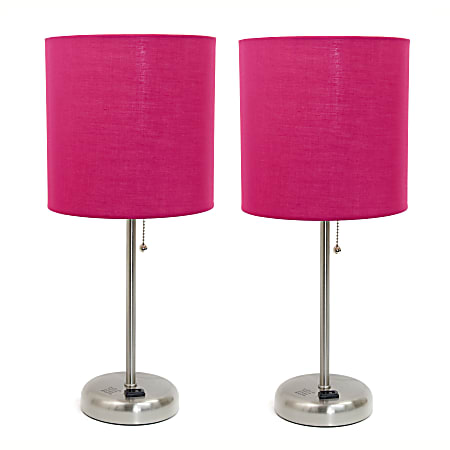 LimeLights Stick Desktop Lamps With Charging Outlets, 19-1/2", Pink Shade/Brushed Nickel Base, Set Of 2 Lamps