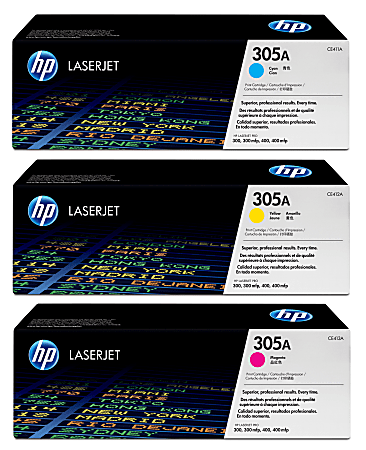 HP 305A Cyan, Magenta, Yellow Toner Cartridges Combo, Set Of 3, CE411A,CE412A,CE413A