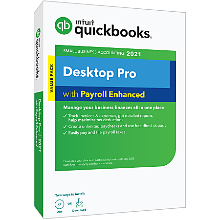 Intuit® QuickBooks® Desktop Pro With Enhanced Payroll 2021, 1-Year Enhanced Payroll Subscription, For Windows®, Disc/Download