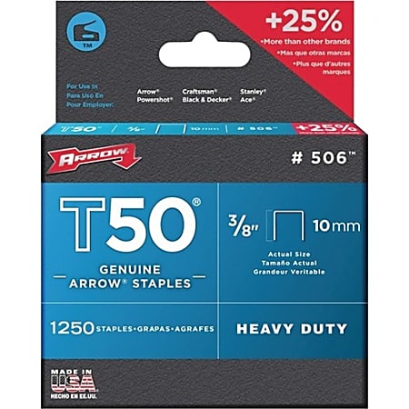 Arrow T50 Type Staples, 3/8" x 3/8", Silver, Pack Of 1,250 Staples