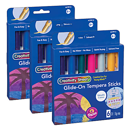 Creativity Street Glide-On Tempera Paint Sticks, 5 mL, Metallic, Pack Of 6 Sticks, Set Of 3 Packs