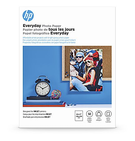 HP Everyday Photo Paper for Inkjet Printers, Glossy, Letter Size (8 1/2" x 11"), 53 Lb, Pack Of 50 Sheets (Q8723A)