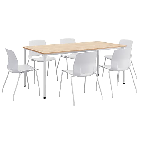 KFI Studios Dailey Table Set With 6 Poly Chairs, Natural Table/White Chairs