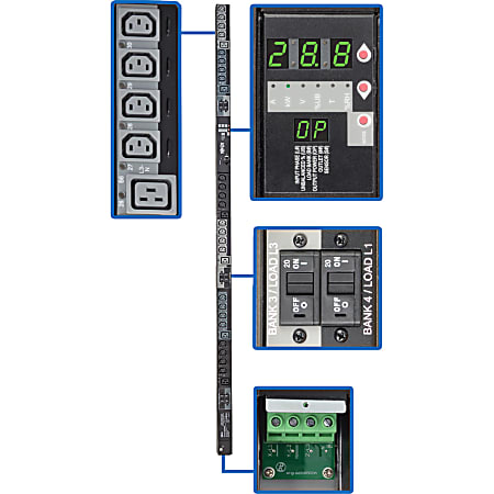 Tripp Lite PDU 3-Phase Switched 240V/230V/220V 28.8kW 24 C13 6 C19 Vertical 0URM - 24 x IEC 60320 C13, 6 x IEC 60320 C19 - 28.80 kVA - 0U Vertical Rackmount"