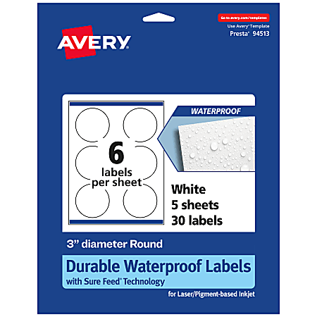 Avery® Waterproof Permanent Labels With Sure Feed®, 94513-WMF5, Round, 3" Diameter, White, Pack Of 30