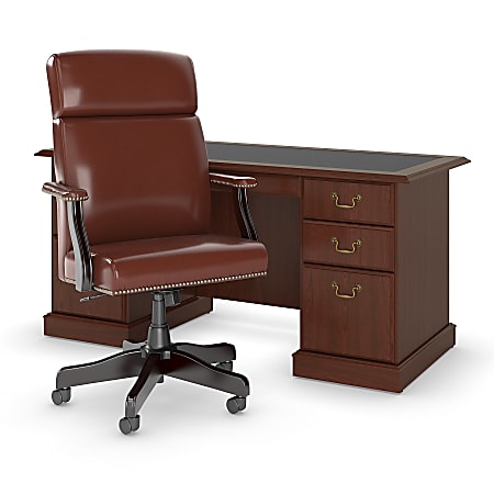 Bush Furniture Saratoga 66"W Executive Desk With High-Back Leather Office Chair, Harvest Cherry, Standard Delivery
