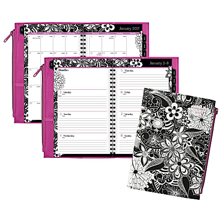 AT-A-GLANCE® Weekly/Monthly Planner, 4 7/8" x 8", FloraDoodle, Black/White, January to December 2017