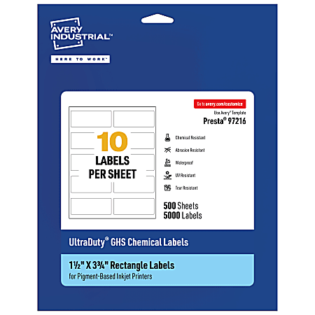 Avery® Ultra Duty® Permanent GHS Chemical Labels, 97216-WMUI500, Rectangle, 1-1/2" x 3-3/4", White, Pack Of 5,000