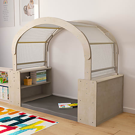 Flash Furniture Bright Beginnings Commercial-Grade Quiet Corner Reading Nook With 2 Storage Shelf Units And Canopy, Beech