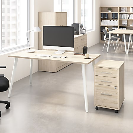 Bush Business Furniture Vista 60"W Desk with Splayed Metal Legs and 3 Drawer Mobile File Cabinet, Natural Elm, Standard Delivery