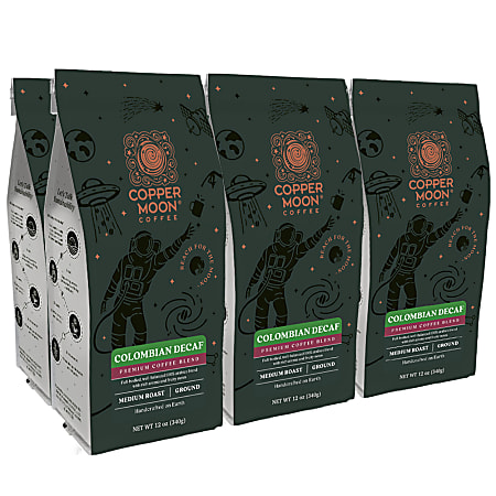 Copper Moon® World Coffees Ground Coffee, Decaffeinated, Colombian, 12 Oz Per Bag, Carton Of 6 Bags