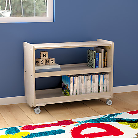 Flash Furniture Bright Beginnings Commercial Space-Saving Wooden Mobile Classroom Storage Cart With Locking Caster Wheels, 24-1/2"H x 31-1/2"W x 13"D, Beech