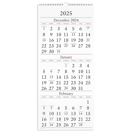 2024-2026 AT-A-GLANCE® 3-Month Monthly Wall Calendar, 12" x 27", Traditional, December 2024 To February 2026, SW11528