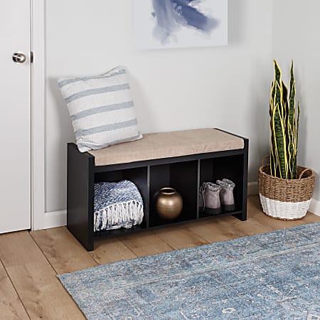 Honey Can Do 3-Cube Storage Bench With Cushion And Cubby Holes, 18-5/16”H x 12-1/2”W x 37”D, Black
