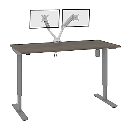 Bestar Upstand Electric 60"W Standing Desk With Dual Monitor Arm, Bark Gray