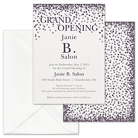 Custom Shaped Event Invitations With Envelopes, Confetti Grand Opening, 5" x 7", Box Of 25 Invitations