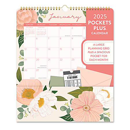 2025 Orange Circle Studio Pockets Plus Calendar, 14" x 12-1/4", Bella Flora, January To December