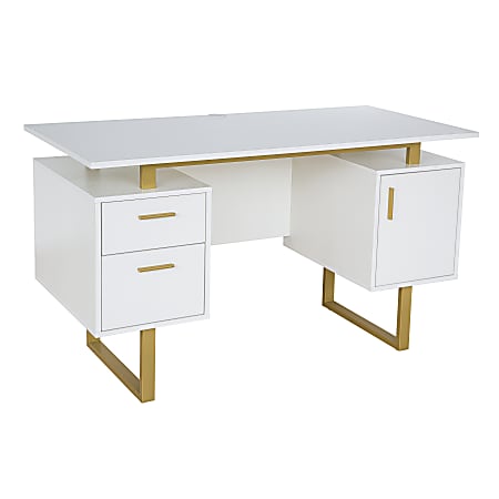 Techni Mobili 52"W Modern Computer Desk With Storage, White/Gold