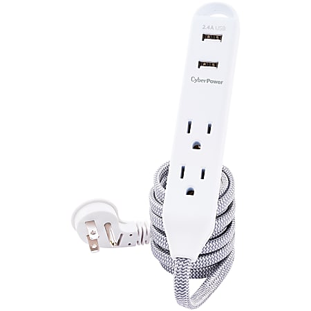 CyberPower® GC306U Reach And Charge™ USB And 3-Outlet AC Power Cord, 6’, White