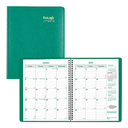 Brownline® Ecologix® 14-Month Monthly Planner, 11" x 8 1/2", 100% Recycled, FSC Certified, Green, December 2018 to January 2020