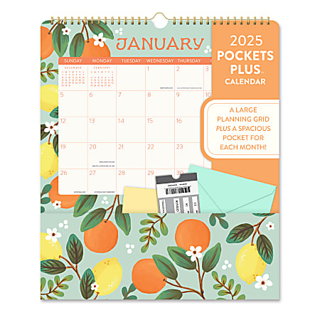 2025 Orange Circle Studio Pockets Plus Calendar, 14" x 12-1/4", Fruit & Flora, January To December