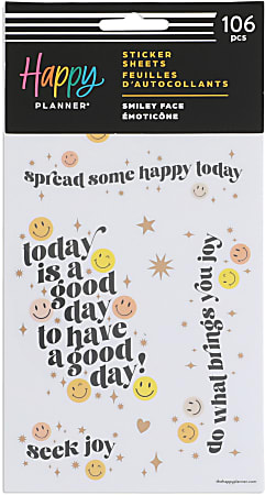 Happy Planner Smiley Face Stickers, 9-1/8" x 4-3/4", Assorted Colors, Pack Of 106 Stickers