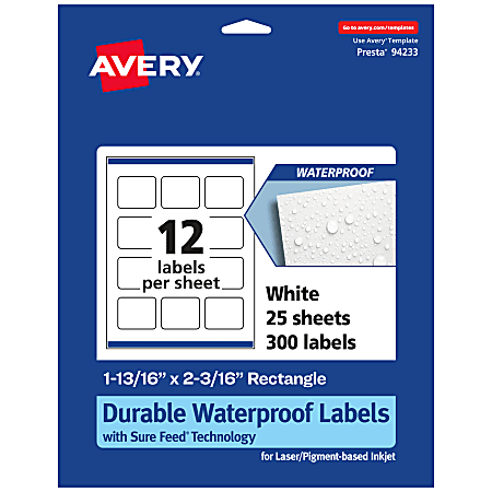 Avery® Waterproof Permanent Labels With Sure Feed®, 94233-WMF25, Rectangle, 1-13/16" x 2-3/16", White, Pack Of 300